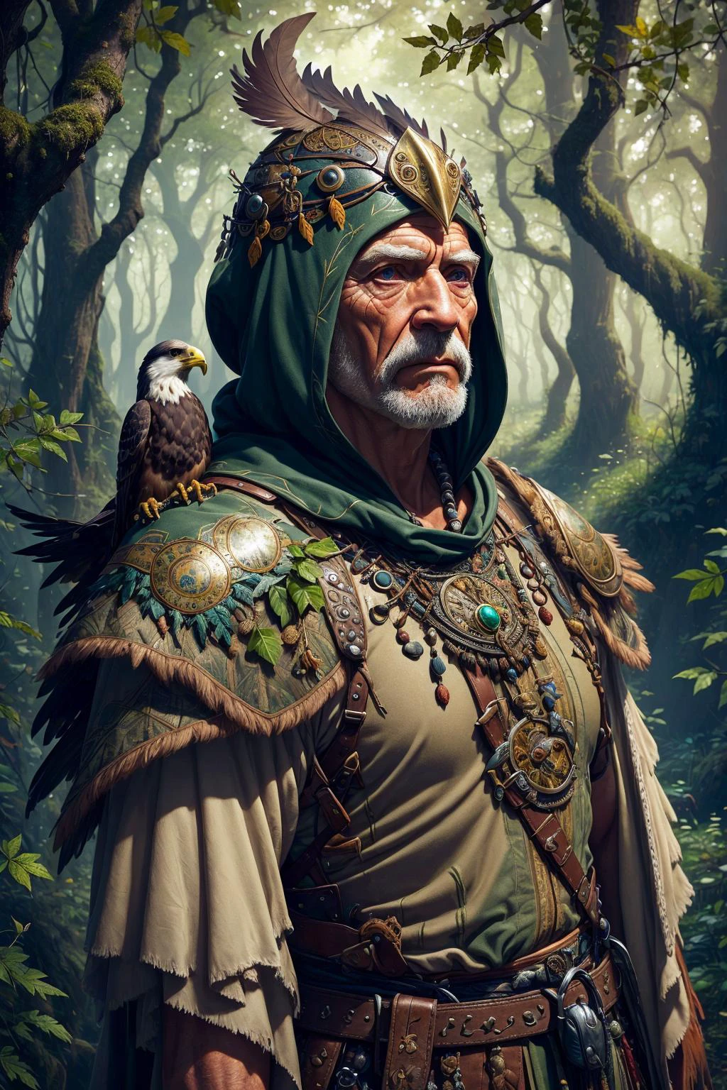 photorealistic, 35mm, intricate details, hdr, intricate details, hyperdetailed, natural skin texture, hyperrealism, sharp,
(1man, wrinkled face, old european male:1.2), wise, black eyes, natural blonde hair, medium hair,
portrait, looking up, solo, half shot, detailed background, detailed face, (<lora:CulturePunkBundle:0.5>, zulupunkai, zulu theme:1.1) falconer, bird resting on shoulder, eagle resting on shoulder, falconer gloves, medieval fantasy setting, high fantasy, green leather clothes, capelet, hood, pouch, serene forest, bushes, ivy, creek, oak trees, roots, moss, fallen leaves, ferns, flowers, feathers, wildlife, arrows in quiver, mist,