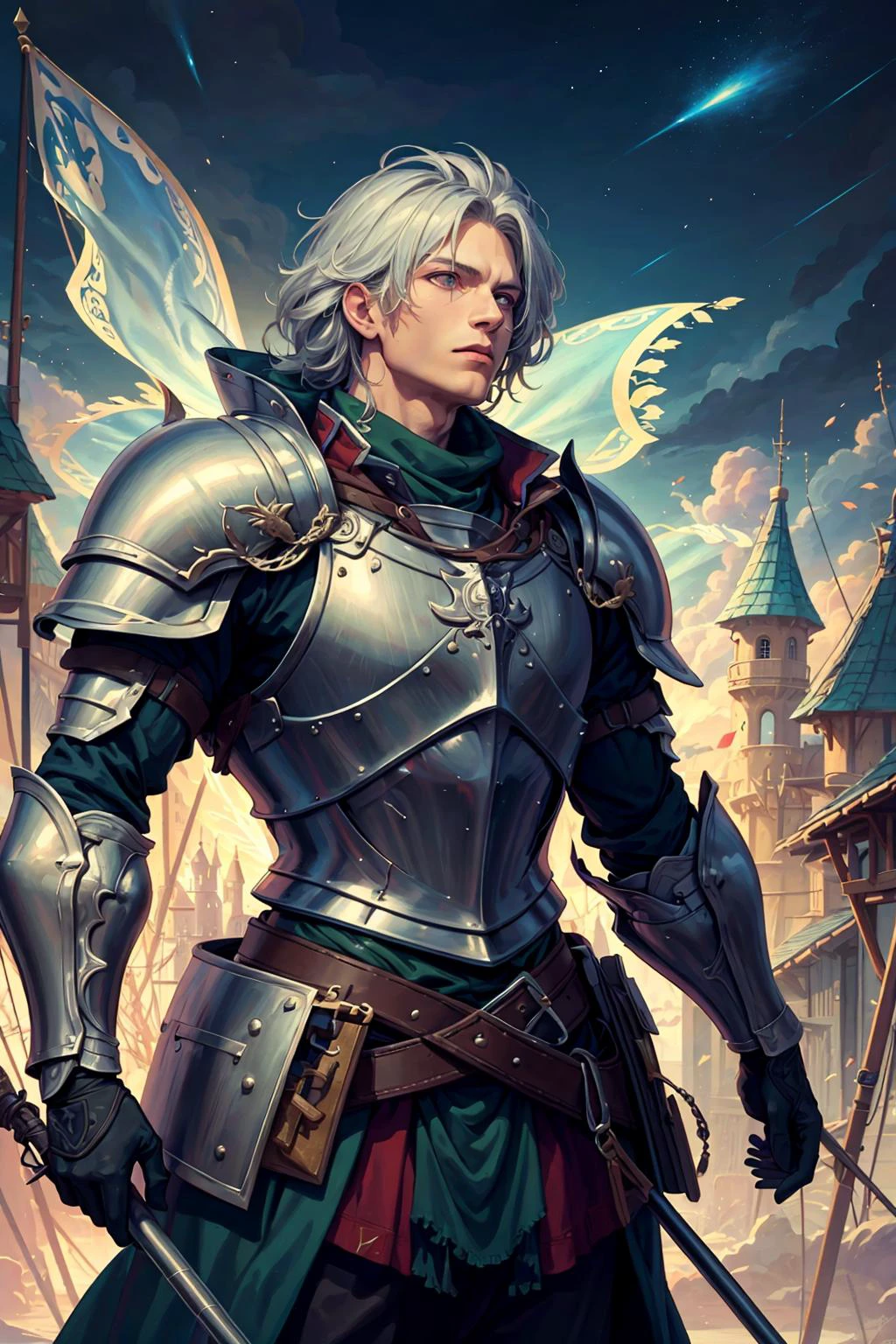 (masterpiece, top quality, best quality, official art, beautiful and aesthetic:1.2), extreme detailed, dynamic streaks, luminous effects, colorful, highest detailed, <hypernet:sxzBloom_sxzBloom:0.1>
(1man, muscular adult male:1.2), purple eyes, silver hair, fade,
portrait, solo, half shot, looking up, detailed background, detailed face, (<lora:CulturePunkBundle:0.5>, fairytaleai, fairytale theme:1.1), guard, standing firm, resolute, plate armor, coat of arms, green banner, medieval siege camp in background, wind blowing, night, medieval atmosphere,
<lora:PsyAI_128:0.4>, PsyAI,