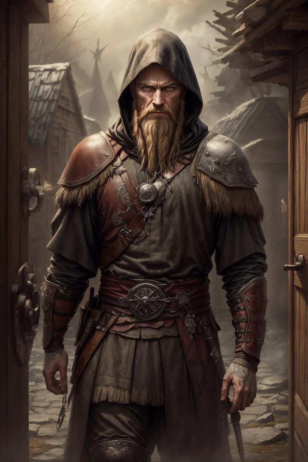 (best quality, masterpiece, realistic, detailed), 8k CG, perfect artwork, kkw-ph1, <lora:add_detail:1>
(1man, thin adult male:1.2), yellow eyes, black hair, beard,
portrait, looking down, solo, half shot, detailed background, runes, nature, Scandinavia, <lora:CulturePunkBundle-000007:0.5>, vikingpunkai, nordic viking theme, focusing, assassins creed, assassin, hidden wrist-blade, black elaborate assassin clothes, hood, leather pouches, rebel, dynamic pose, fighting, closed gate in background, sunshine,