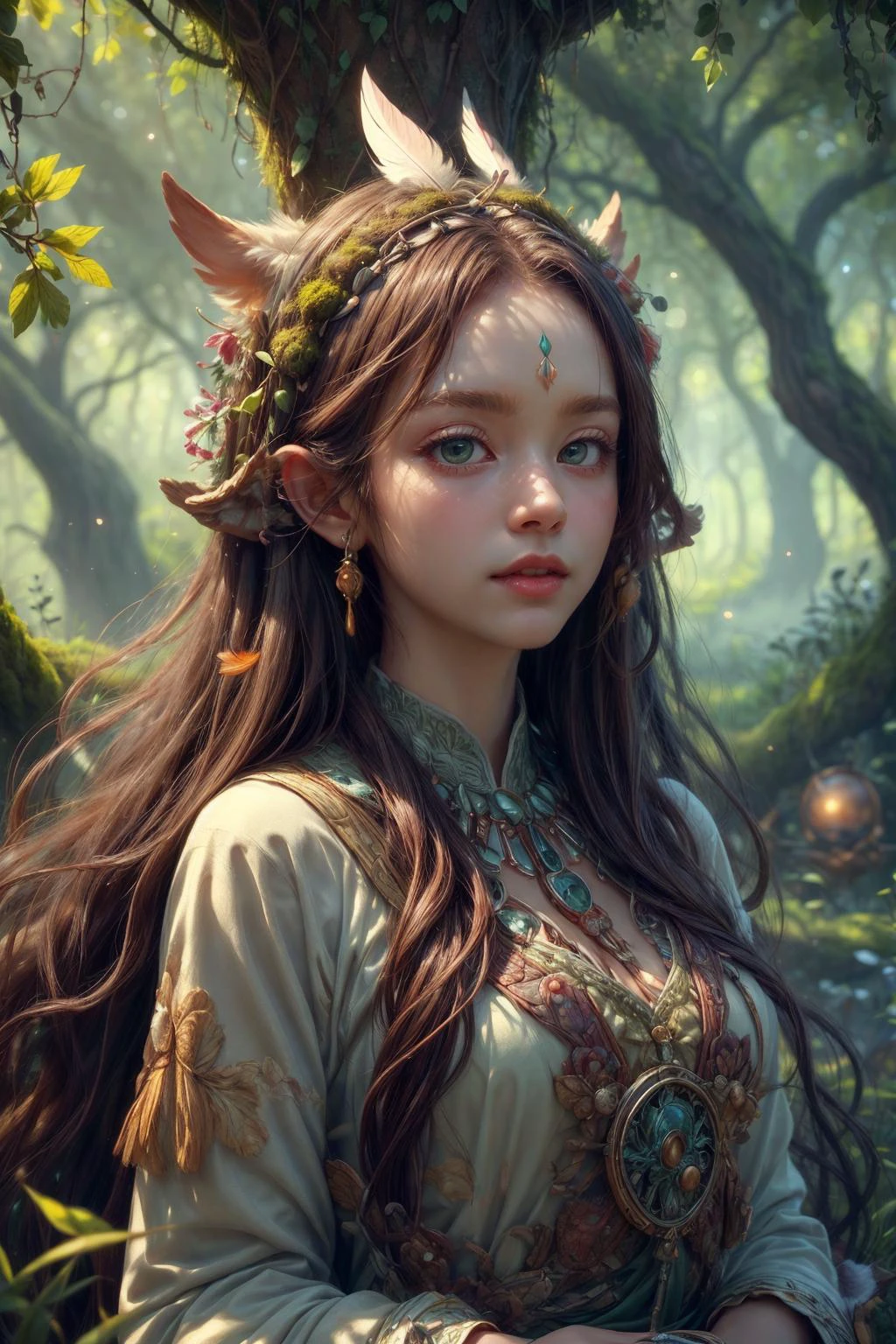 (masterpiece, best quality:1.4), (beautiful, aesthetic, perfect, delicate, intricate:1.2), <lora:more_details:0.75>, <lora:sharpen-soften:-0.25>, <lora:realistic:0.25>,
1 girl, adult (elven:0.7) woman, aquamarine eyes, dark red long hair,
focus on character portrait, solo, (full body:0.6), looking up, detailed background, detailed face, (<lora:CulturePunkBundle-000007:0.5>, zulupunkai, zulu theme:1.1), joyful expression, forest druid, wearing natural colored green flowing robes, hood, fur-lined, feathers, restoration spell, inscriptions, glowing orbs, natural magic, floating particles, swirling leaves in the air, moss, vines, roots, branches, stone, lavenders, plants, bright light, filtered light, swamp in background, natural peaceful atmosphere,