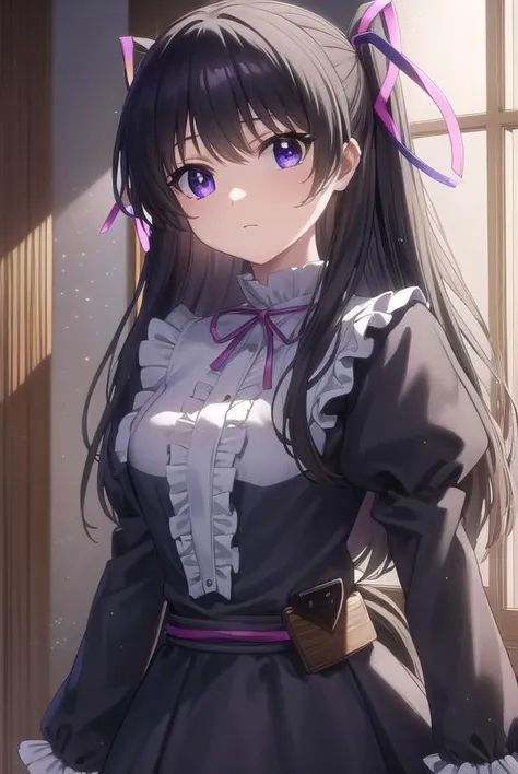 kirayurasakurazuki, <lora:kira yura sakurazuki s1-lora-nochekaiser:1>,
kira yura sakurazuki, long hair, black hair, (purple eyes:1.1), hair ribbon, antenna hair, twintails, (pink ribbon:1.2),
BREAK long sleeves, puffy sleeves, juliet sleeves, frills, dress, black dress,
BREAK indoors,
BREAK looking at viewer, (cowboy shot:1.5)
BREAK <lyco:GoodHands-beta2:1>, (masterpiece:1.2), best quality, high resolution, unity 8k wallpaper, (illustration:0.8), (beautiful detailed eyes:1.6), extremely detailed face, perfect lighting, extremely detailed CG, (perfect hands, perfect anatomy),