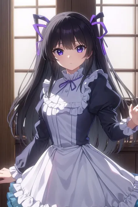 kirayurasakurazuki, <lora:kira yura sakurazuki s1-lora-nochekaiser:1>,
kira yura sakurazuki, long hair, black hair, (purple eyes:1.1), hair ribbon, antenna hair, twintails, purple ribbon,
BREAK long sleeves, puffy sleeves, juliet sleeves, frills, dress, black dress,
BREAK indoors,
BREAK looking at viewer, (cowboy shot:1.5)
BREAK <lyco:GoodHands-beta2:1>, (masterpiece:1.2), best quality, high resolution, unity 8k wallpaper, (illustration:0.8), (beautiful detailed eyes:1.6), extremely detailed face, perfect lighting, extremely detailed CG, (perfect hands, perfect anatomy),