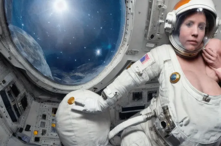kabuka Girl flying in the space in the astronaut suit. Detailed face.