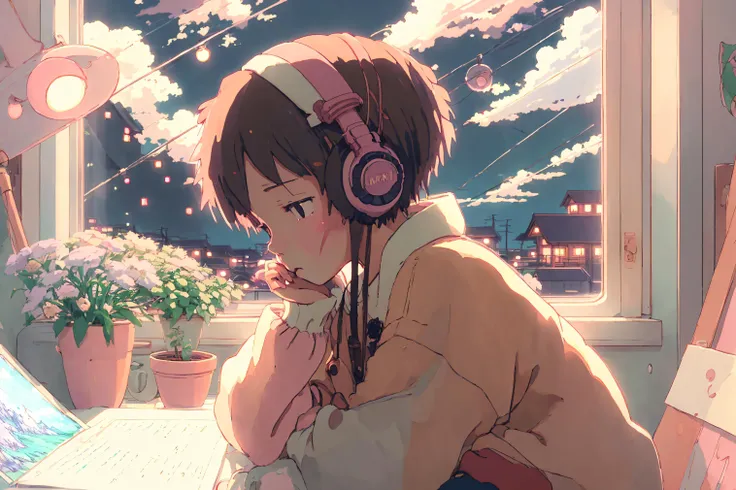 Anime style, (dreamlikeart), (soft focus), cozy room setting, girl with headphones, [(Lofi beats:1.3)|ambient music], (anime art), [(cherry blossoms|bookshelf:0.5)], [reflective surface:0.8], [(pastel colors:1.2)|subdued tones], [(attention to details:1.1)], [illustration:0.7], [(Studio Ghibli style:1.4)], (anime character design), [window light], [(subtle shadows:0.9)], [(subdued atmosphere:1.2)|calm ambiance], [(trending on Pixiv:1.2)], [(anime community approved:1.1)], [(Anime Expo:1.3)], [ethereal glow], [(focus on eyes:1.1)], [(character illustration:0.8)], [(soft artstyle)], [(nostalgic feeling:1.2)], [(character sitting:0.7)], [(artistic details:1.1)], [(melancholic mood:1.3)], [(attention to clothing details:1.2)], [(hair flow:1.1)], [(unique headphones design:1.2)], [(vivid background elements:1.1)], [(anime genre:lofi:1.4)], [(trending on DeviantArt:1.1)], [(inspired by Makoto Shinkai:1.2)], [(cyberpunk infusion:0.9)], [(rainy day vibe:1.2)], [(subtle bokeh:1.1)], [(anime girl pose:0.9)], [(artistic expression:1.2)], [(harmony in color palette:1.1)], [(wistful mood:1.2)], [(detailed room decor:1.1)], [(trending on ArtStation:1.1)], [(illustration challenge entry:1.3)] , 1girl