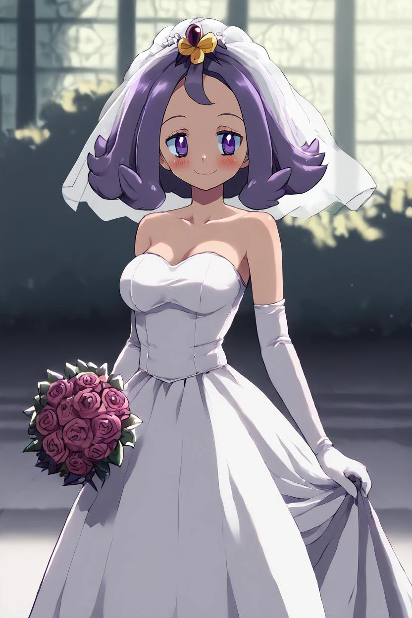 (ultra realistic,32k, masterpiece:1.2),(high detailed skin:1.1),( high quality:1.1), high resolution, highly detailed, perfect lighting, beautiful detailed eyes, ((masterpiece,best quality)), absurdres, solo, cowboy shot, smile, blush, <lora:Acerola_Pokemon_P1:0.8>, acerola (pokemon), purple hair, purple hair, topknot, flipped hair, medium breasts, collarbone, bride, wedding dress, bridal veil, strapless dress, elbow gloves, holding bouquet, curvy, narrow waist, harada takehito, <lora:LunarCAT_Style:0.8>, <lora:KuroCAT_Style:0.3>, (garden background:1.2) blurry background, (sunny natural light:1.1),