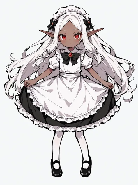 score_9, score_8_up, score_7_up, source_anime,  sketch,  <lora:AnimeSketch:1>
1girl, solo, ((dark elf, young girl:1.3)), small breast, elf girl, pointed ears, white hair, (long hair:1.3), red eyes, parted bangs,
maid, oversized clothes, frills, white frills shirt, long shirt, puff sleeves, short sleeves, white sleeves, black bow tie, bow tie brooch, maid headdress, maid apron, white tights, black shoes