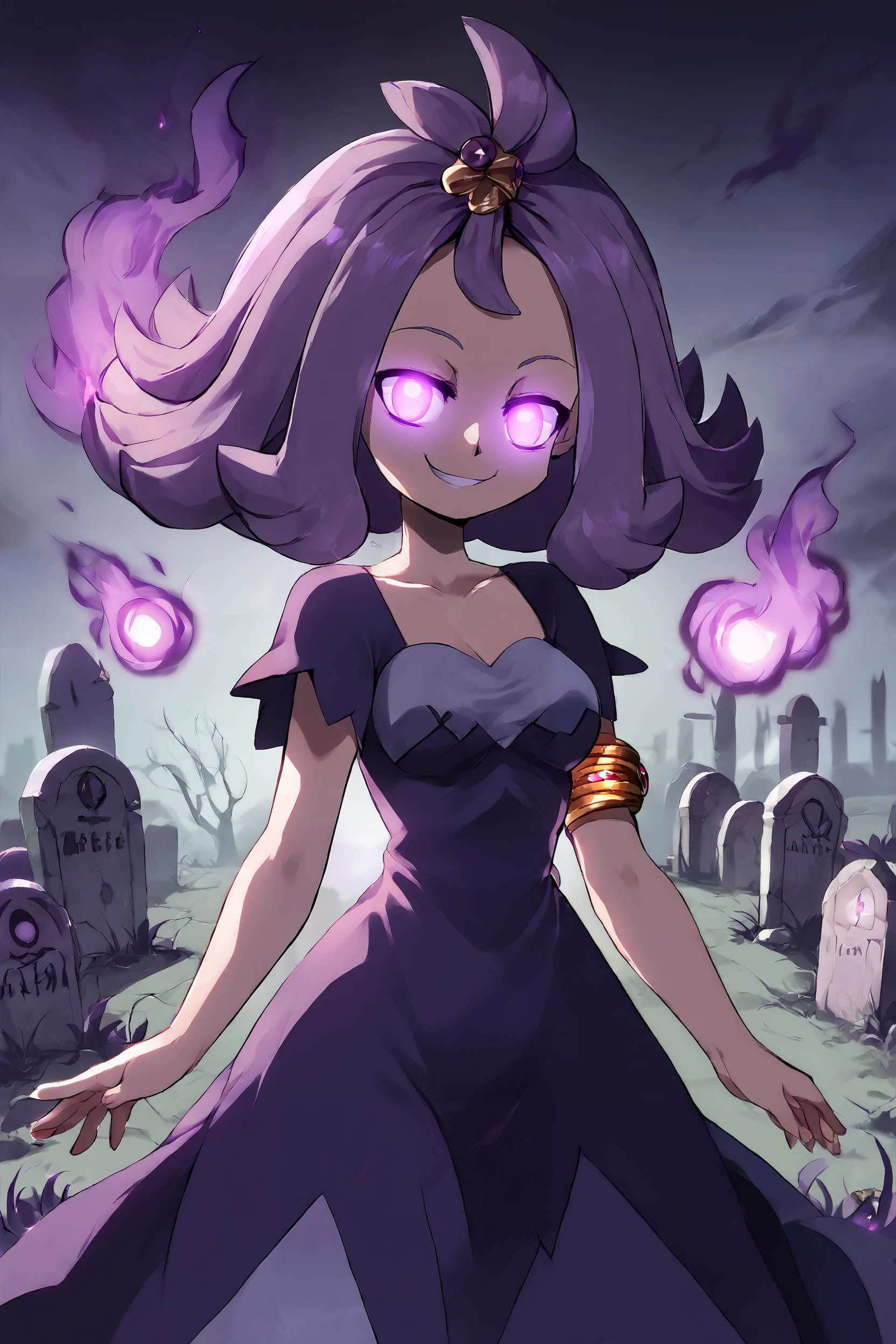 high resolution, highly detailed, perfect lighting, beautiful detailed eyes, ((masterpiece,best quality)), absurdres, solo, <lora:Acerola_Pokemon_P1:0.8>, glowing eyes, acerola (pokemon), purple hair, purple hair, topknot, flipped hair, collarbone, purple dress, stitches, multicolored dress, armlet, smile, looking at viewer, cowboy shot, medium breasts, curvy, narrow waist, graveyard, floating fires, <lora:LunarCAT_Style:0.8>, <lora:KuroCAT_Style:0.3>,
