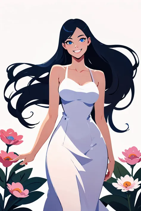 score_9, score_8_up, score_8, (curvy), detailed face, flat color,  BREAK,  1girl, solo, long hair, looking at viewer, smile, blue eyes, simple background, black hair, white background, dress, bare shoulders, very long hair, flower, sleeveless, white dress, black eyes, sleeveless dress, heterochromia,   BREAK,  <lora:FlatAnimeP1:1>,