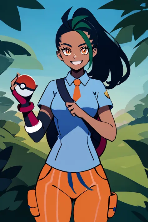 score_9, score_8_up, score_8, medium breasts, (curvy), cute, eyelashes, Nemona \(Pokemon\), black hair, green hair, orange eyes, dark skin, multicolored hair, two-tone hair, hair pulled back, collared shirt, fingerless gloves, orange shorts, backpack, smile, looking at viewer, (holding pokeball)  <lora:Nemona_Pokemon_P1:0.8>, <lora:FlatAnimeP1:1.2>,