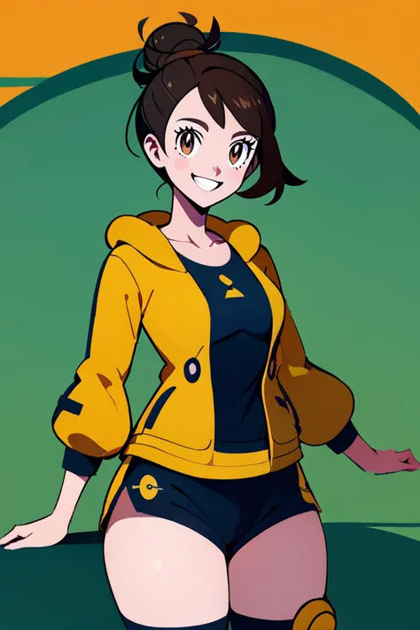 score_9, score_8_up, score_8, medium breasts, (curvy), cute, eyelashes, gloria (pokemon), gloriaDojo, yellow jacket, black shirt, black shorts, knee pads, short hair, single hair bun, collarbone, cowboy shot, smile, looking at viewer, <lora:Gloria_Pokemon_P1:0.8>, <lora:FlatAnimeP1:1.2>,