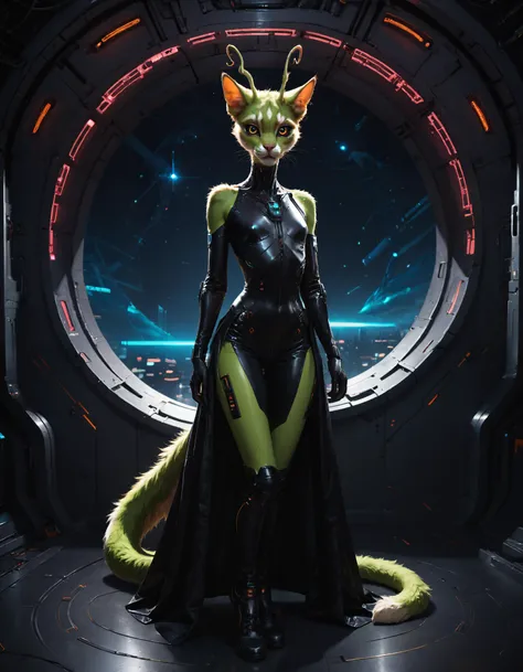 score_9, score_8_up, score_7_up, (highly realistic:1.1), (absurd resolution), intricate details, zPDXL, rating_questionable,
1girl, scared young woman, feline alien, anthro, small breasts, short fleshy antennas, long slender neck, tufted tail and ears, black sclera, sparkling eyes, pastel green fur, looking at viewer, wearing futuristic bodysuit, exposed shoulder,
scifi dark theme, set in spaceship, high tech control panels, window with view of space, (dramatic:0.5) neon lighting,
shot from front, full body, low light, detailed fur, detailed eyes, detailed background, volumetric lighting, subsurface scattering,
<lora:Expressive_H:0.8> Expressiveh, <lora:sinfully_stylish_SDKL:0.8> <lora:Pony_DetailV2.0:0.6> <lora:Beautiful_CAT_Pony:0.7> <lora:incase-ilff-v3-4:0.5>
