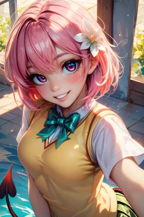 score_9, score_8_up, score_8, medium breasts, (curvy), cute, eyelashes,   1girl, solo, looking at viewer, <lora:tlrmomo-pdxl-nvwls-v1:0.9> tlrmomo, pink hair, hair flower, green bowtie, yellow sweater vest, white shirt, short sleeves, demon tail, standing, head tilt, curvy, smile, blush,