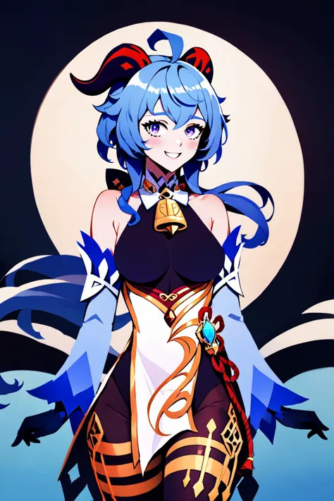 score_9, score_8_up, score_8, (curvy), detailed face, flat color, BREAK, 1girl, solo, long hair, breasts, looking at viewer, blush, smile, bangs, blue eyes, gloves, bare shoulders, medium breasts, blue hair, purple eyes, ahoge, pantyhose, sidelocks, detached sleeves, horns, black gloves, bell, neck bell, white sleeves, gold trim, vision (genshin impact), thighlet, ganyu (genshin impact), BREAK, <lora:FlatAnimeP1:1>,