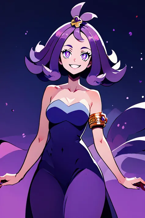 score_9, score_8_up, score_8, medium breasts, (curvy), cute, eyelashes,  detailed eyes,  <lora:Acerola_Pokemon_P1:0.8>, glowing eyes, acerola (pokemon), purple hair, purple hair, topknot, flipped hair, collarbone, purple dress, stitches, multicolored dress, armlet, smile, looking at viewer, cowboy shot,   <lora:FlatAnimeP1:1.2>,