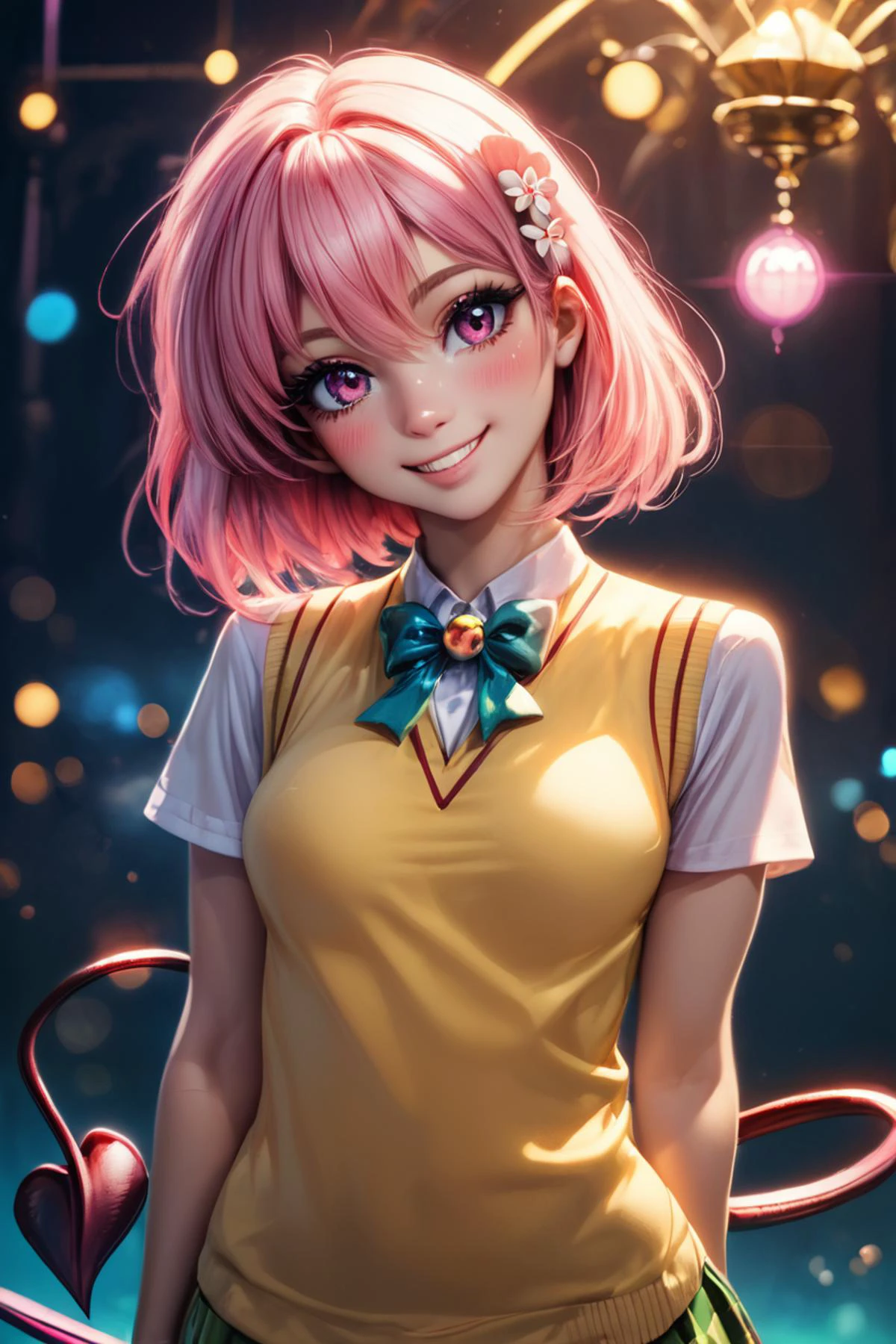 score_9, score_8_up, score_8, medium breasts, (ultra realistic,32k, masterpiece:1.2),(high detailed skin:1.1),( high quality:1.1), (curvy), cute, eyelashes, 1girl, solo, looking at viewer, <lora:tlrmomo-pdxl-nvwls-v1:0.9> tlrmomo, pink hair, hair flower, green bowtie, yellow sweater vest, white shirt, short sleeves, demon tail, standing, head tilt, curvy, smile, blush, bokeh, luminescent background,