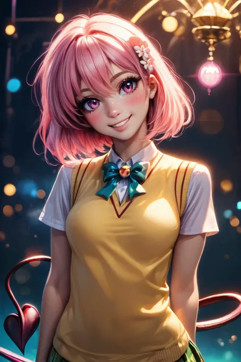 score_9, score_8_up, score_8, medium breasts, (ultra realistic,32k, masterpiece:1.2),(high detailed skin:1.1),( high quality:1.1), (curvy), cute, eyelashes,   1girl, solo, looking at viewer, <lora:tlrmomo-pdxl-nvwls-v1:0.9> tlrmomo, pink hair, hair flower, green bowtie, yellow sweater vest, white shirt, short sleeves, demon tail, standing, head tilt, curvy, smile, blush,   bokeh, luminescent background,