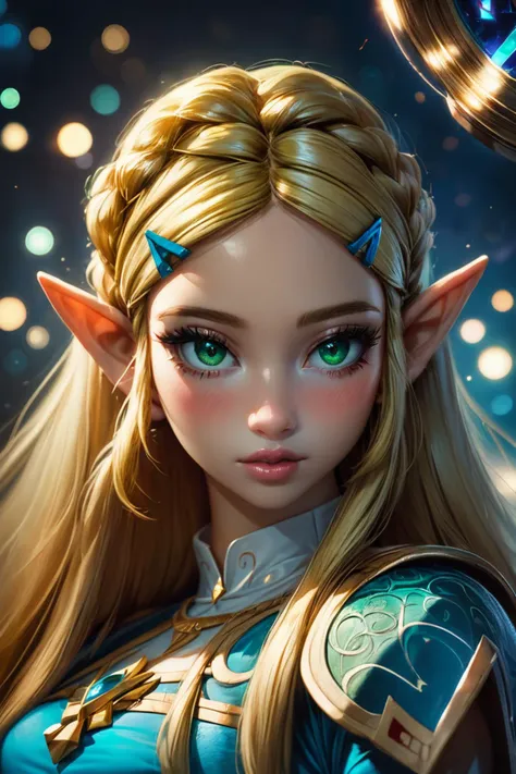 score_9, score_8_up, score_8, medium breasts, (ultra realistic,32k, masterpiece:1.2),(high detailed skin:1.1),( high quality:1.1), (curvy), cute, eyelashes,  princess zelda, solo, green eyes, long hair, green eyes, crown braid, hairclip, pointy ears, blue shirt, long sleeves, curvy, head tilt, hearts, blush, lips, curvy, head tilt, shiny clothes, upper body, looking at viewer,   bokeh, luminescent background,