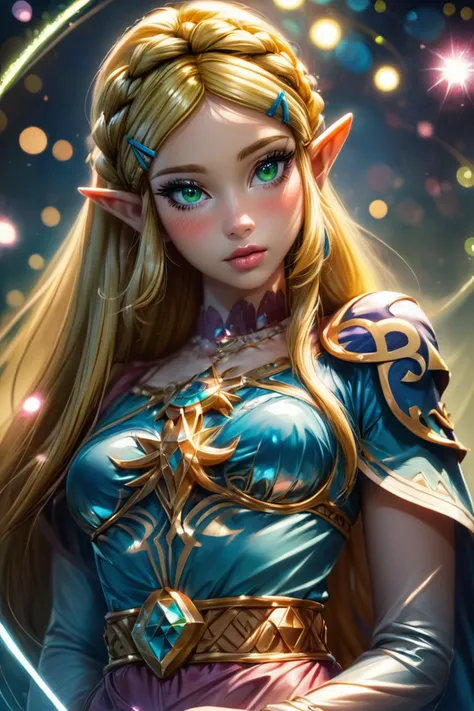 score_9, score_8_up, score_8, medium breasts, (ultra realistic,32k, masterpiece:1.2),(high detailed skin:1.1),( high quality:1.1), (curvy), cute, eyelashes,  princess zelda, solo, green eyes, long hair, green eyes, crown braid, hairclip, pointy ears, blue shirt, long sleeves, curvy, head tilt, hearts, blush, lips, curvy, head tilt, shiny clothes, upper body,  bokeh, luminescent background,