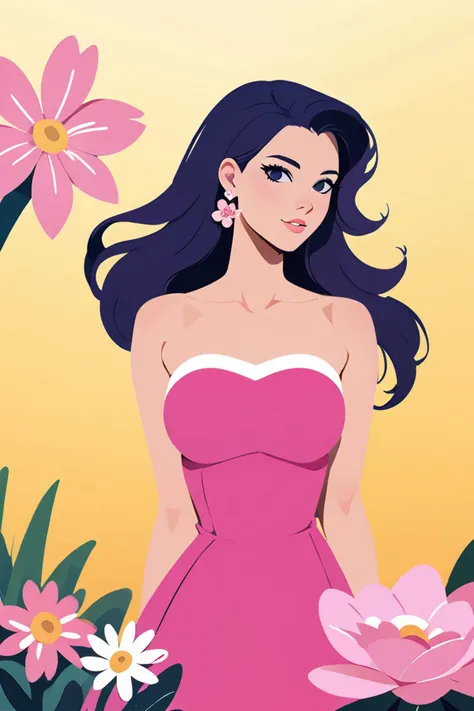 score_9, score_8_up, score_8, (curvy), detailed face, flat color, BREAK, 1girl, solo, looking at viewer, black hair, dress, bare shoulders, jewelry, flower, earrings, black eyes, gradient, gradient background, strapless, pink dress, strapless dress, yellow background, pink flower, yellow flower, purple flower, BREAK, <lora:FlatAnimeP1:1>,