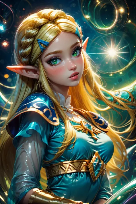 score_9, score_8_up, score_8, medium breasts, (ultra realistic,32k, masterpiece:1.2),(high detailed skin:1.1),( high quality:1.1), (curvy), cute, eyelashes,  princess zelda, solo, green eyes, long hair, green eyes, crown braid, hairclip, pointy ears, blue shirt, long sleeves, curvy, head tilt, hearts, blush, lips, curvy, head tilt, shiny clothes, upper body, looking at viewer,   bokeh, luminescent background,