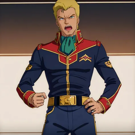 masterpiece,high quality,solo,
<lora:jeridmessa001:0.7>,
jeridmessa,1man,
regent,blonde hair,blue eyes,
ascot,jacket,long sleeves,military uniform,
belt,pants,
angry,open mouth,