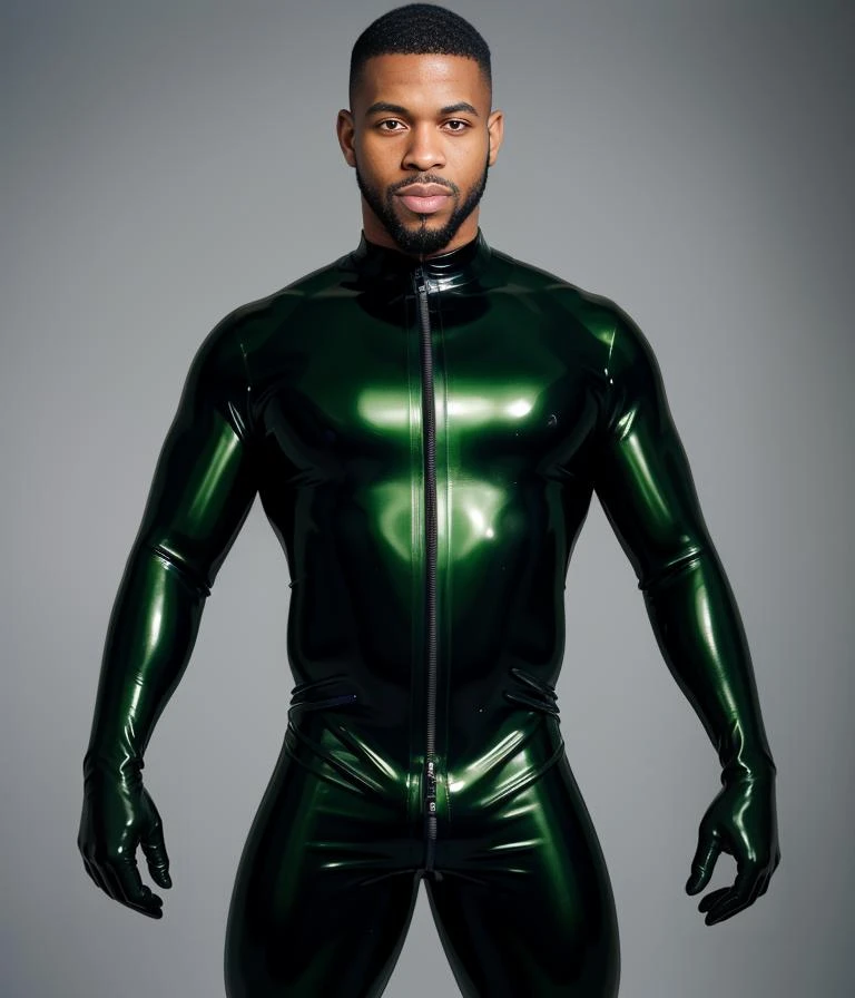 realistic, a black man wearing black green rubber bodysuit <lora:100_male_rubber_drones_v1.1:0.55>, rubber suit, bulky body, rubber , unzipped, rubber gloves, wetsuit