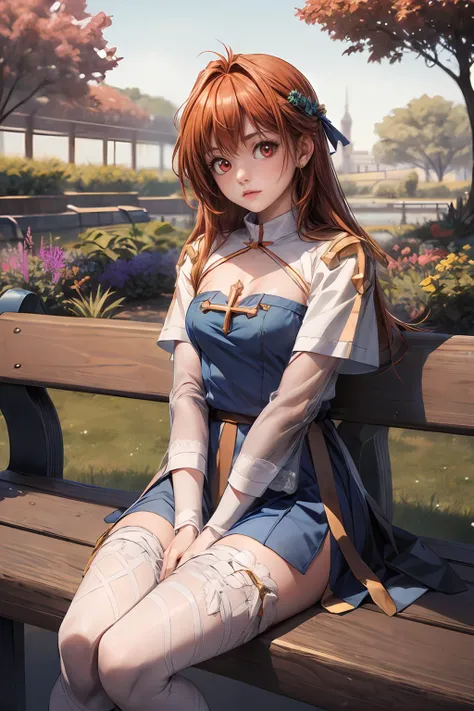 (masterpiece, best quality), 1girl, slayer_lina, orange hair,  long hair, red eyes, <lora:slayer_lina-10:0.8>, blue dress,  <lora:attire_ro_archbishop:1>, cowboy shot, looking at viewer, sitting on a bench, garden background, <lora:add_detail:0.7>,