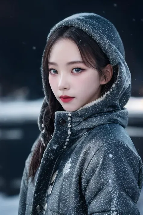 Best quality, 8k, perfect lighting, masterpiece, ultra high res, (photorealistic:1.4), raw photo,1girl, solo, realistic, looking at viewer, upper body, detailed arctic background, winter clothes, dynamic pose, snow, snowflakes, night, aurora sky, detailed oily skin, red lips, closed mouth,
