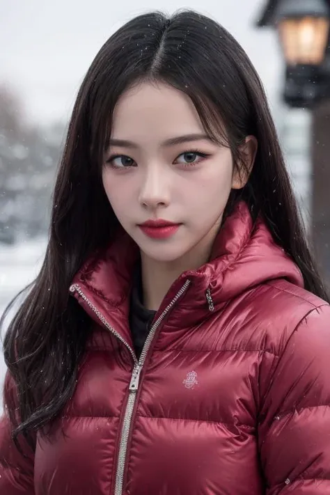 masterpiece, best quality, ultra-detailed, ultra high res, (photorealistic:1.4), raw photo, (realistic:0.2), CG, {4k|8k} HDR, perfect lighting, 1girl, solo, looking at viewer, (winter clothes, padded jacket), outdoor, (snow, snowflakes), night, aurora sky, red lips, upper body, asymmetrical wavy long hair, (detailed oily skin, medium breasts:0.8), (detailed background :1.1),