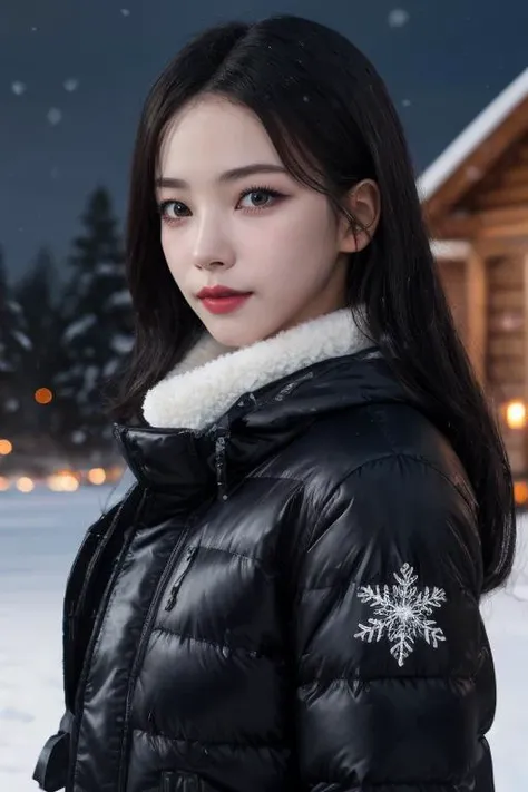 masterpiece, best quality, ultra-detailed, ultra high res, (photorealistic:1.4), raw photo, (realistic:0.2), CG, {4k|8k} HDR, perfect lighting, 1girl, solo, looking at viewer, (winter clothes, padded jacket), outdoor, (snow, snowflakes), night, aurora sky, red lips, upper body, asymmetrical wavy long hair, (detailed oily skin, medium breasts:0.8), (detailed background :1.1),