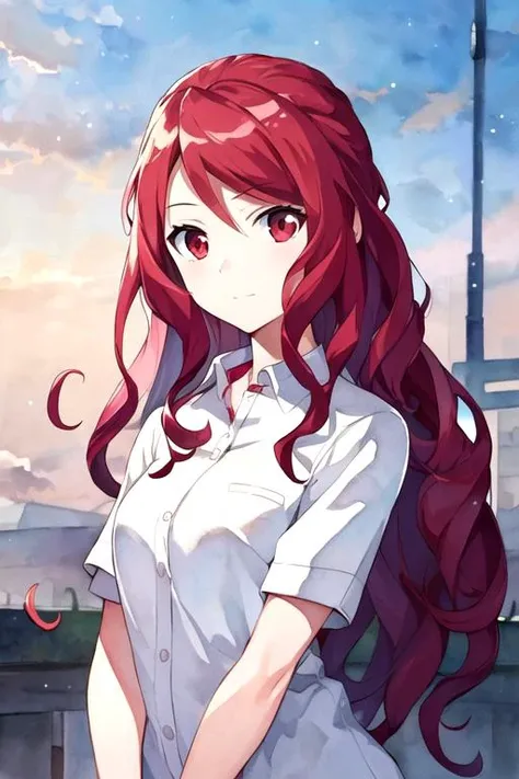 masterpiece, best quality, movie still, 1girl, solo, looking at viewer, upper body, depth of field, (watercolor illustration, soft pastel colors:1.1), , <lora:anzu_hoshino:0.72>, anzu_hoshino, red hair, red eyes, long hair, workwear, , science fiction military science fiction,