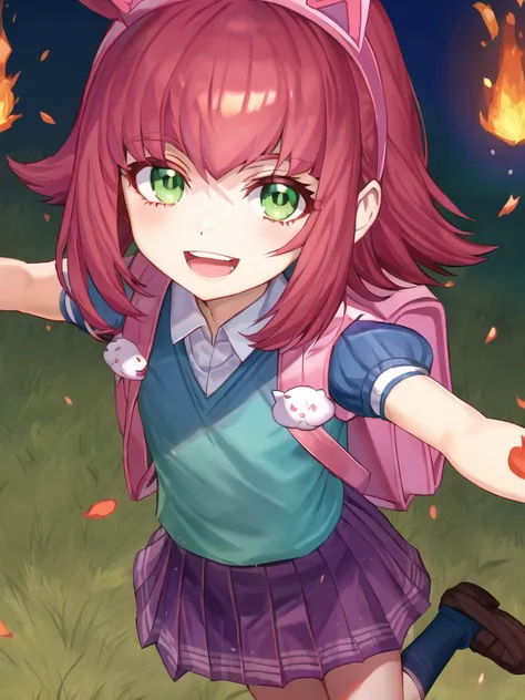 field, grass, sky, annie \(league of legends\), league of legends, 1girl, animal ears, backpack, bag, bangs, fake animal ears, flat chest, green eyes, loafers, looking at viewer, standing, open mouth, pink hair, pleated skirt, puffy short sleeves, puffy sleeves, red hair, shoes, short hair, short sleeves, skirt, smile, socks, solo, fire, <lora:annie-000037:1>