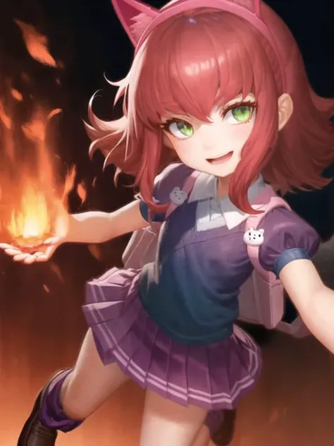 field, grass, sky, annie \(league of legends\), league of legends, 1girl, animal ears, backpack, bag, bangs, fake animal ears, flat chest, green eyes, loafers, looking at viewer, standing, open mouth, pink hair, pleated skirt, puffy short sleeves, puffy sleeves, red hair, shoes, short hair, short sleeves, skirt, smile, socks, solo, fire, <lora:annie-000037:1>