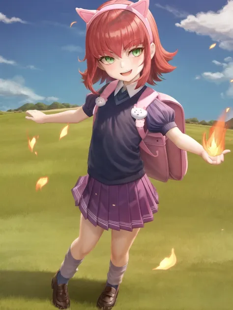field, grass, sky, annie \(league of legends\), league of legends, 1girl, animal ears, backpack, bag, bangs, fake animal ears, flat chest, green eyes, loafers, looking at viewer, standing, open mouth, pink hair, pleated skirt, puffy short sleeves, puffy sleeves, red hair, shoes, short hair, short sleeves, skirt, smile, socks, solo, fire, <lora:annie-000037:1>