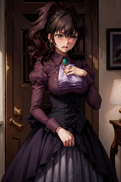 masterpiece,best quality,1girl,mature female,ushiromiya natsuhi,earrings,violet dress,long dress,side ponytail,purple shirt,ascot,brooch,corset,(crying,tears),standing,(hands on own chest),luxury villa interior,dim light,cowboy shot,<lora:CHAR-Umineko-Ushiromiya Natsuhi-SOSDAN:0.8>,