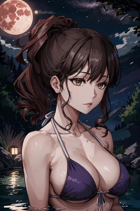 (masterpiece),(best quality), <lora:UshiromiyaNatsuhi:0.6>, ushiromiya natsuhi, side ponytail, bikini, swimsuit, portrait, upper body, <lora:ARWJapanOnsen:0.8>, japanonsen, bloodmoon, night, milky way, forest, cliff