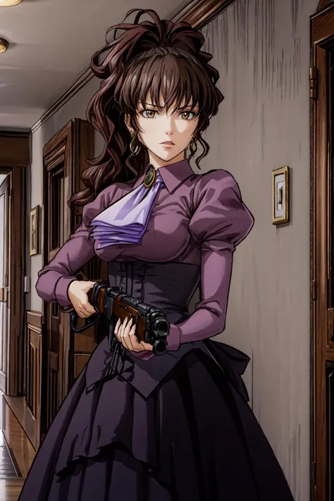 (masterpiece),(best quality), <lora:UshiromiyaNatsuhi:0.8>, ushiromiya natsuhi, violet dress, long dress purple shirt, side ponytail, ascot, brooch, earrings, corset, hallway, mansion, looking at the viewer, <lora:Adddetail:0.7>, <lora:Winchester:0.8>, Winchester rifle, holding weapon, winchester, shotgun,