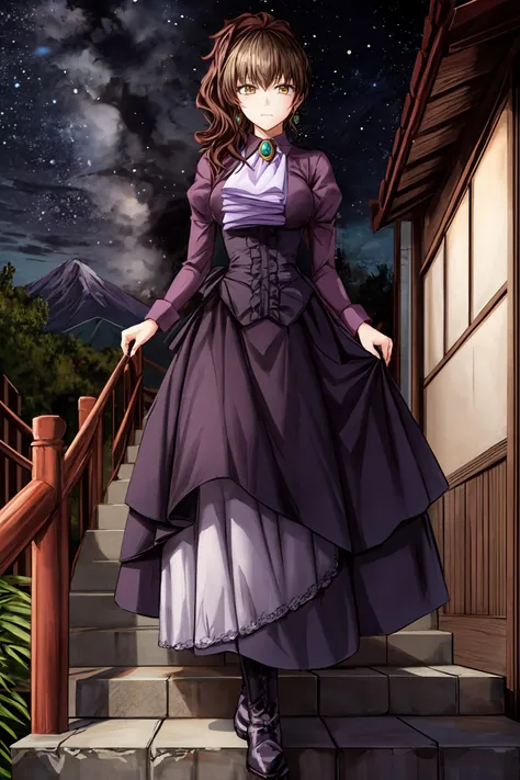 (masterpiece),(best quality), <lora:UshiromiyaNatsuhi:0.85>, ushiromiya natsuhi, long dress, violet dress,  side ponytail, earrings, purple shirt,  ascot, brooch, corset, ankle boots,  stairs, japanese temple, mountain, forest, (night), looking at the viewer, milky way,  <lora:Adddetail:0.7>