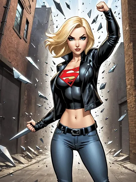 1girl, blonde female superhero in jeans and leather jacket with one hand in the air as a fist, (long metal shards shooting towards the viewer:1), cartoon back alley background, (metal shard projectiles:1.5) , correct anatomy, J Scott Campbell style, <lora:JSC_Style:1>
