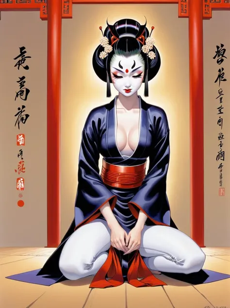 1girl, Kabuki kneeling in a temple, sitting on her feet, knees together towards the front, eyes closed, correct anatomy, J Scott Campbell style, <lora:JSC_Style:1>