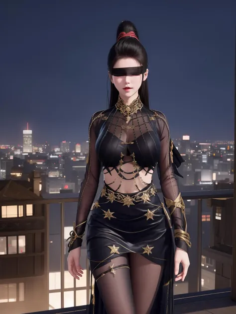 <lora:YJWJninghongyeXXJZZJ_20230805173359:0.75>,1girl,mature female, YJWJninghongyeXXJZZJ,cityscape, night,jewelry, blindfold, high ponytail, pantyhose, cowboy shot, ribbon, covered eyes,
