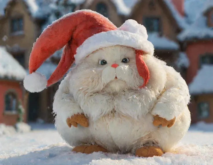 Winter Art SFW image of a lovely happy Christmas bunny toy mascot, it is wearing a red santa hat, with bunny ears, ccnd, in the style of bill tiller, outdoor, winter, in a Christmas themed village covered by snow, Winter, often for snowflakes, cold landscapes, or holiday cheer., (masterpiece,best quality, ultra detailed, detailed face, 8k uhd, high quality:1.2), bold, very emotional, (full body shot:1.2)sports aggressive (Using autofocus) (autofocus technique) arena balance