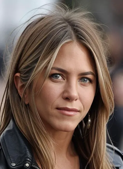 A stunning intricate color close up portrait of (sks woman:1) , wearing Leather jacket and skinny jeans, epic character composition, sharp focus, natural lighting, subsurface scattering, f2, 35mm, film grain, , by Peter Lindbergh, <lora:lora-small-jennifer-aniston-v1:1>