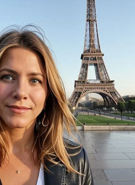 portrait of sks woman in paris, eiffel tower in the background, by Flora Borsi, style by Flora Borsi, bold, bright colours, ((Flora Borsi)), by Peter Lindbergh, <lora:lora-small-jennifer-aniston-v1:1>