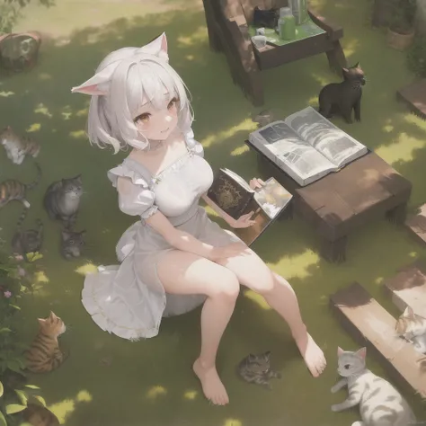 (best quality),(highly detailed),(masterpiece),(ultra-detailed),(absurdres),(((artbook))),((8k_wallpaper)),big ass,Bare thigh,huge_breasts,barefoot, 1girl, solo, animal ears, cat, barefoot,cat ears, short sleeves, grass, short hair, smile, white hair, puffy sleeves, white dress, maid, sunlight, brown eyes, dappled sunlight,petite, outdoors, puffy short sleeves, bangs, full body, tearfully, crying, cats, white-patterned underwear