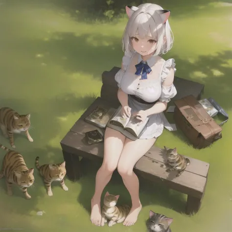 (best quality),(highly detailed),(masterpiece),(ultra-detailed),(absurdres),(((artbook))),((8k_wallpaper)),big ass,Bare thigh,huge_breasts,barefoot, 1girl, solo, animal ears, cat, barefoot,cat ears, short sleeves, grass, short hair, smile, white hair, puffy sleeves, white dress, maid, sunlight, brown eyes, dappled sunlight,petite, outdoors, puffy short sleeves, bangs, full body, tearfully, crying, cats