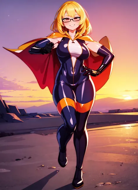 ((best quality)), ((highly detailed)), masterpiece, extremely detailed face, beautiful face, , <lora:more_details:.2>, (1girl), (glasses), dynamic pose, full body, superhero, (tan skin), latex bodysuit, skin tight clothes, long cape, gloves, knee boots, (flying), smile, (outdoors, at the tundra, aurora, sunset, sunny), <lora:mrploxykunArtist:1>