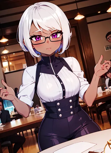 ((best quality)), ((highly detailed)), , (1girl), (glasses), dutch_angle, dynamic pose, cowboy shot, ((dark skin, dark-skinned female, ebony)):1.2, white hair, short hair, purple eyes, (indoors, in a dining room), <lora:mrploxykunArtist:.8>