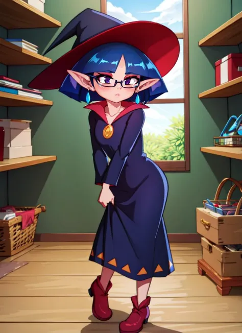 ((best quality)), ((highly detailed)), masterpiece, extremely detailed face, beautiful face, , (1girl), (glasses), dynamic pose, full body, <lora:irene:.7>, irene, short hair, blue hair, pointy ears, witch hat, dress, (indoors, in a closet), <lora:mrploxykunArtist:.9>