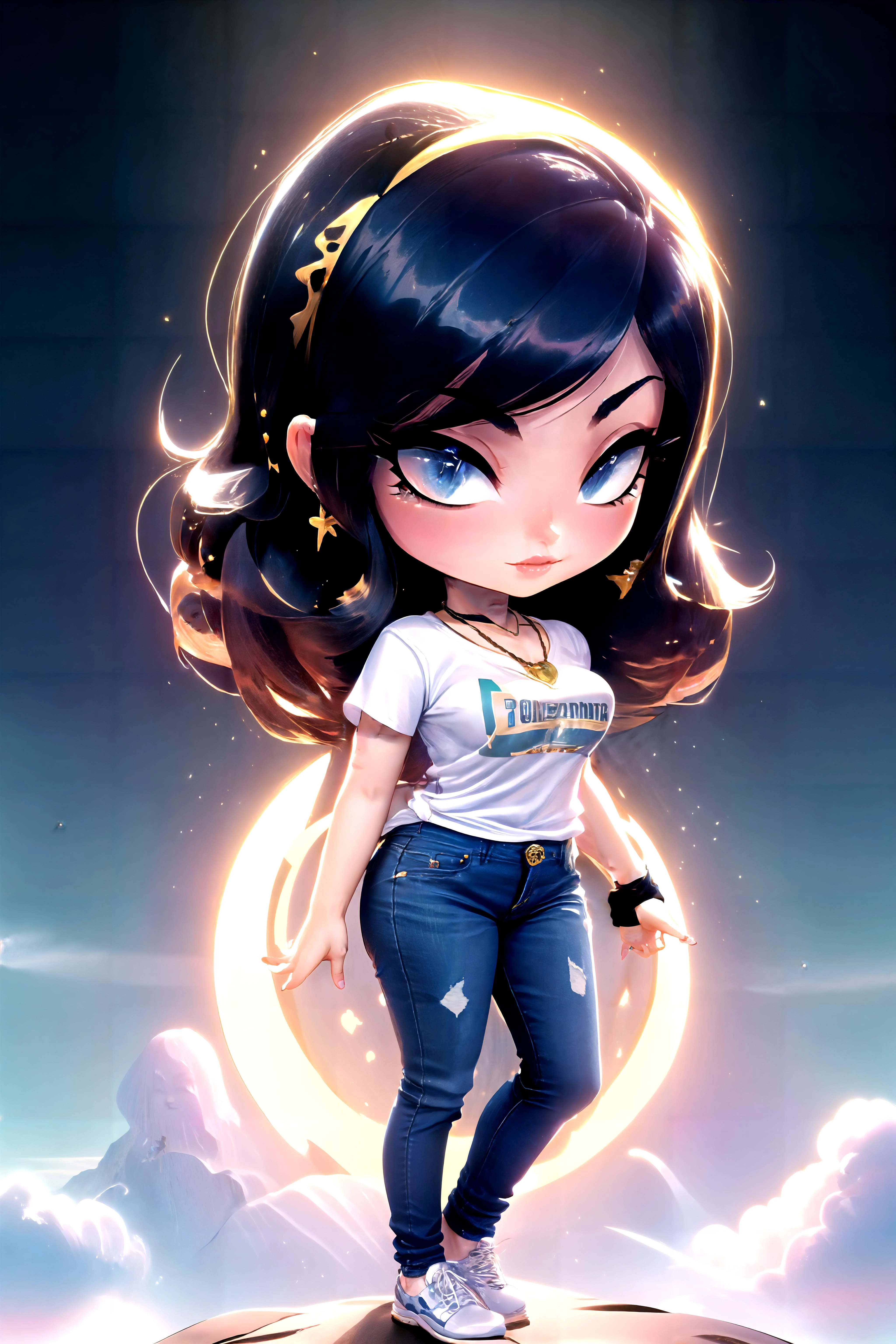 masterpiece, ultra realistic, 32k, extremely detailed, CG, unity, 8k, wallpaper, best quality, (summer day ), blessed, full body, chibi, necklace, eardrop, The Cliffs of Moher, Ireland, ( Indigo Wear a tailored blazer with a graphic t-shirt and skinny jeans), Brunette hair ponytail with bangs, <lora:ChronoTempStyle:0.8>, <lora:mrploxykunArtist:0.2>, <lora:drunkoakStyle:0.2>, <lora:BlessedTech:0.7> ,